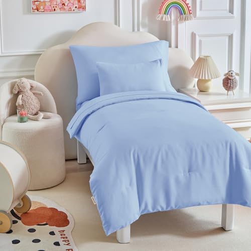 Image of Kids Comforter Sheet Set - Soft and Breathable Bed Set Includes Quilted Comforter, Fitted Sheet, Flat Top Sheet, Pillowcase and Toddler Pillowcase for Toddler - 5 Pieces Toddler Bedding Light Blue