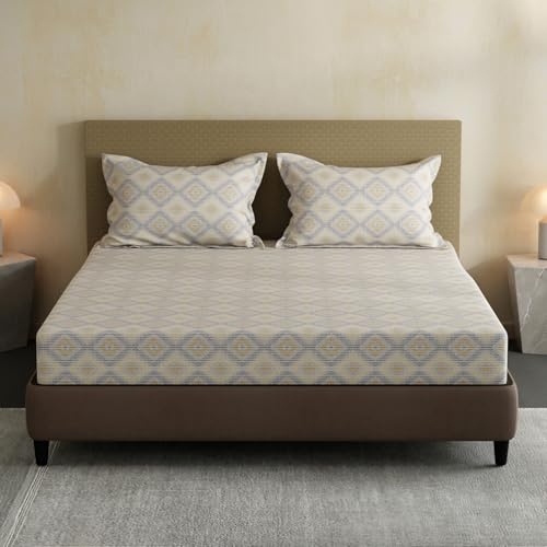 Image of Layers 100% Cotton Bedsheet for Double Size Bed | Lumina Floret Collection | 144 TC Soft & Breathable | Printed with 2 Pillow Covers | Wrinkle Free & Colorfast | 3 Piece Bedding Set - Cream & Blue