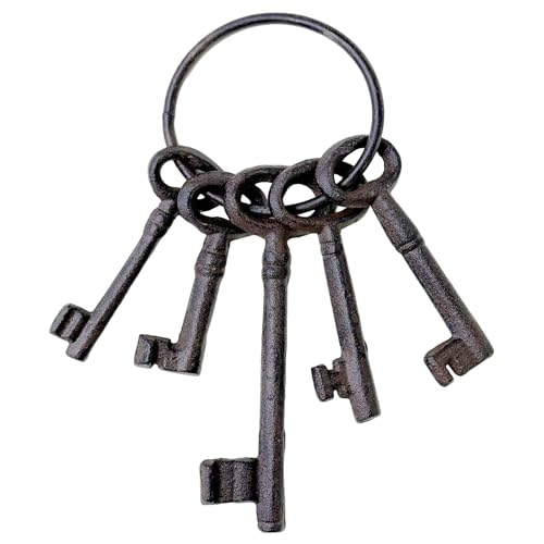 5 Pieces Vintage Skeleton Keys Set Rustic Cast Iron Antique Style Keys on Ring Old Fashioned Metal Keys for Pirate Accessories Halloween Decorations Home Decor DIY Crafts and Photography Props