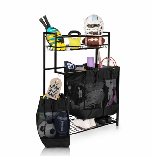 Garage Sports Equipment Organizer - Vertical Ball Storage Rack with 3 Heavy Duty Bags (black) - Metal Frame Organizer for Balls and Outdoor Gear. Home Gym Storage Organizer. Yoga Workout Organizer.