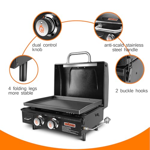 Qulimetal 17+22 Table Top Grill Portable Griddle With Hood Non-Stick Flat Top Grill Griddle Propane Grill With Carry Bag 22 Inch,24,000 Btu,348 Sq,304 Stainless Steel Burner,Ceramic Coating thumb #6