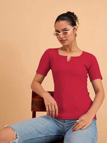 Image of barcino Beige Ribbed V-Neck Short Sleeves Top