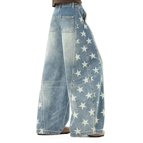 Barrel Jeans Men Stars Print Baggy Skater Denim Pants Y2K Streetwear High Waist Barrel Leg Bottoms Loose Fit Washed Relaxed4