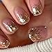 RikView Press on Nails Short Fake Nails Pink Nails Clear Square Acrylic Nails with Sequins