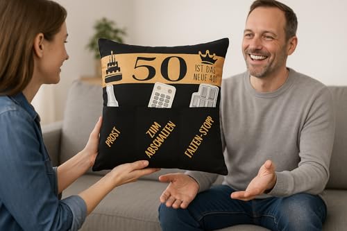 KAMACA Originelles Dekokissen Kissen mit 3 Taschen zum selber Befüllen Größe 43x43 cm tolles Geschenkzum runden Geburtstag (50. Geburtstag)