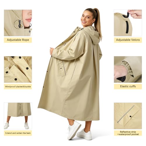 Image of PALAY Raincoat for Women Waterproof Full-Length Hooded Rain Poncho Beige Oversized Long Rain Jacket with Snap-Button&Pockets Trench-Style Rainwear for Hiking, Travel, Motorcycle Riding