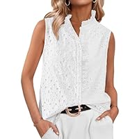 BTFBM Women's Sleeveless Button Down Shirts Ruffle V Neck Casual Hollow Out Eyelet Tops Boho Summer Vacation Blouse 2025(White, Large)