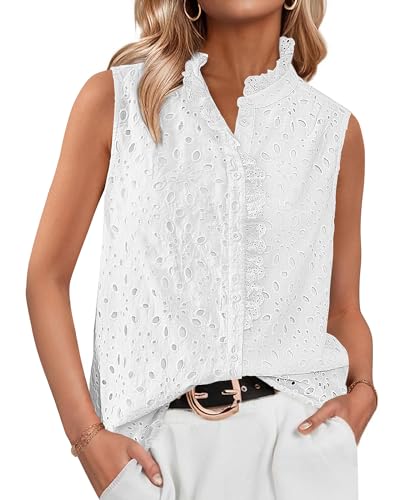 BTFBM Women's Sleeveless Button Down Shirts Ruffle V Neck Casual Hollow Out Eyelet Tops Boho Summer Vacation Blouse 2025