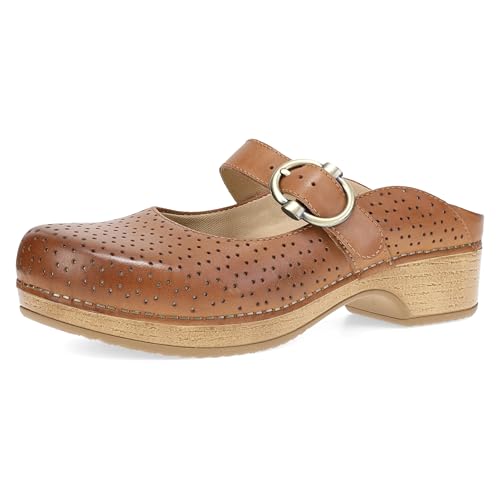 Dansko Blaire Open-Back, Slip-On, Mary Jane Mule Clog — with Adjustable Buckle, Memory Foam Footbed and Perforated Leather Upper Tan 6.5-7 M US
