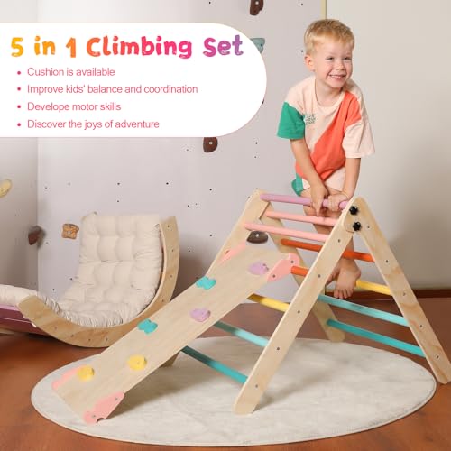 Image of Yopnoyik Pikler Triangle Set with Cushion Large, 5 in 1 Toddler Climbing Toys Indoor, Montessori Foldable Climbing Set for Kids, Wooden Playground Jungle Gym with Ramp, Arch and Ladder (Color-B)