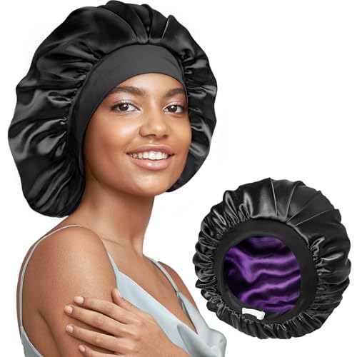 Umisleep 22 Momme 100% Mulberry Silk Bonnet Black and Purple