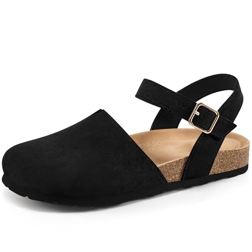 Ecetana Womens Sandals 2025 Dressy Summer Closed Toe Flats Comfortable Cork Footbed Casual Walking Shoes