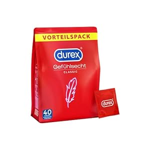 Durex Gefühlsecht Classic Kondome – Perfekter Sitz & leichtes Abrollen – Dünn, befeuchtet, transparent, angenehmer Geruch – 40er Pack (1 x 40 Stück)