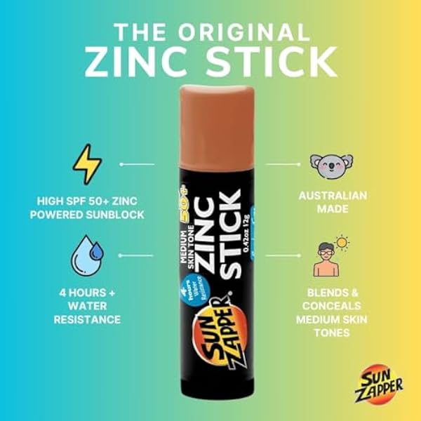 Sun Zapper Medium Skin Tone Original Zinc Stick SPF 50 + оксид цинка, Минеральный солнцезащитный стик для лица - тонированный солнцезащитный крем для легенд с более темным тоном кожи, сделано в Австралии