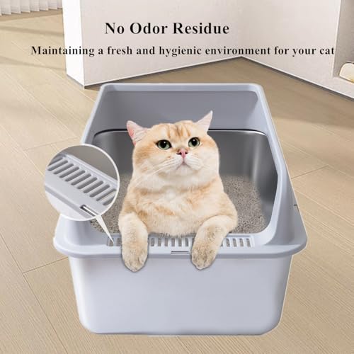 Qrenia Caixa de areia para gatos de aço inoxidável com tampa superior, caixa de areia coberta para g