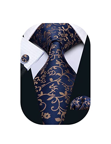 Image of Barry.Wang Flower Ties for Men Handkerchief Cufflinks Set Wedding Necktie Set Party