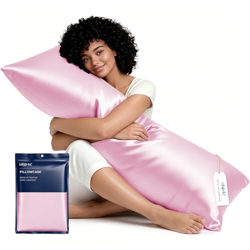 Image of MR&HM Satin Body Pillow Cover, Soft and Breathable Body Pillow Case with Envelope Closure, Cooling and Silky Long Pillowcase for Hair and Skin,Grey (20x54, Pink)