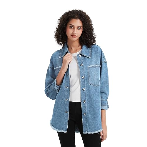 LifeShe Women's Oversized Denim Shacket Jacket Casual Long Boyfriend Jean Jackets Coat Autumn Spring