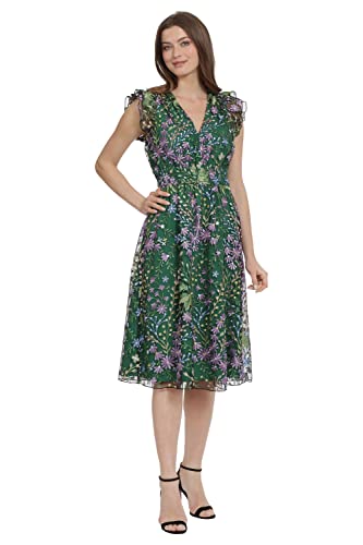 Maggy London Women's V-Neck Garden Floral Embroidered Dress Colorful Feminine Party Event Occasion Guest of