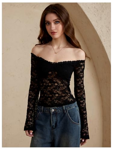 Women's Floral Lace T Shirt Off The Shoulder Long Sleeve Sheer Party Club Crop Tops4