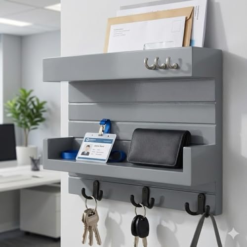 Image of Key Holder for Wall Decorative, Wooden Key Rack Mail Sorter Organizer, Double Shelf Key Hanger Mail Key Organizer, Rustic Home Decor for Entryway Hallway (Grey)