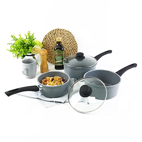 URBN-Chef 3 Pc Forged Carbon Steel Marble Grey Non-Stick Saucepan Pot & Pan Set