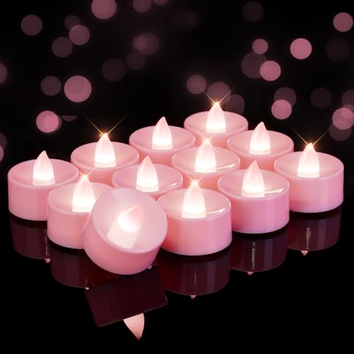 Image of Homemory Pink Tea Lights Candles Battery Operated, Flickering Flameless LED Votive Candles, Pure White Tealights for Bridal Shower, Girl Baby Shower, Valentine's Day, Romantic Decor, 50-Pack