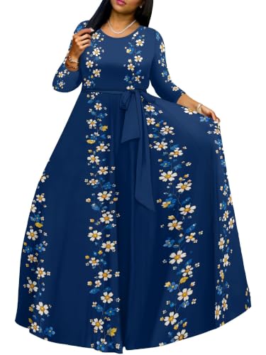 Image of Women Plus Size Long Sleeve V Neck Maxi Dress with Belt | Soft fabric relaxed fit three quarter sleeve v neck with pockets for party and daily wear