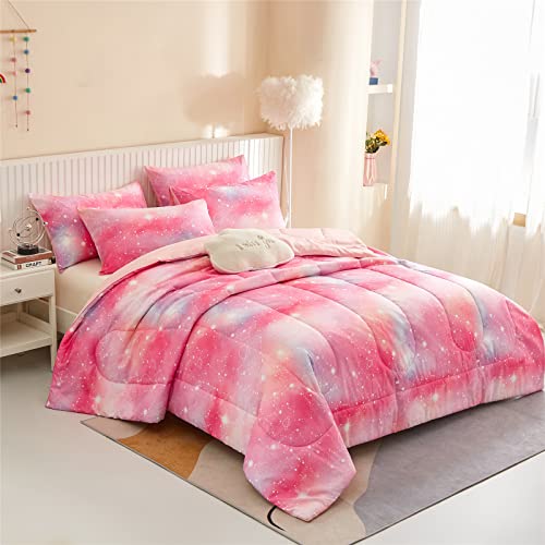 Pink Ombre Glitter Galaxy Comforter Set Queen Size For Girls, Sparkle Constellation Starry Sky Comforter For Kids Teen, 3Pc Soft Microfiber Bedding Sets With 2 Pillow Cases For All Season(Pink,Queen) #TOP2