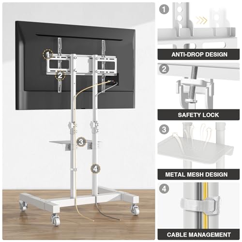 Mobile TV Stand on Wheels for 32-70, 75 inch Flat Screen/Curved TVs, Television Stands with Wheels and Height Adjustable, Rolling TV Stand MAX VESA 600 * 400mm, TV Cart Rolling TV Stand - Image 7