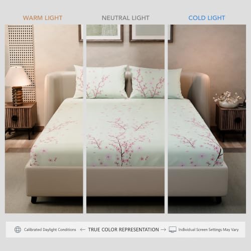 Image of BLISSHOME SoftTouch 140TC Cotton King Size Fitted Bedsheet with 2 Pillow Covers, Silky Smooth Bedding Set, Breathable, Easy Maintain, Floral Print - Pink, White (182cm x 198cm x 25cm Drop)
