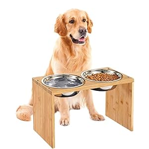 O’woda Futterstation Hund Groß, Erhöhter Futterspender für Mittlere & Größ Hunde, 2 Edelstahlnäpfen, mit Futternapf Halterung aus Bambus, Hunde-Katzen-Futterstation, 41.5 * 23 * 28 cm