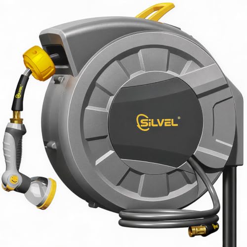 Image of SILVEL Automatic Retractable Garden Hose Reel on Metal Spike, 1 /2 in x 90FT Ground Mounted Outside, UV Resistant with 10 Pattern Nozzle, 360 Swivel, No Holes in Your House, Easy Installation, Yellow