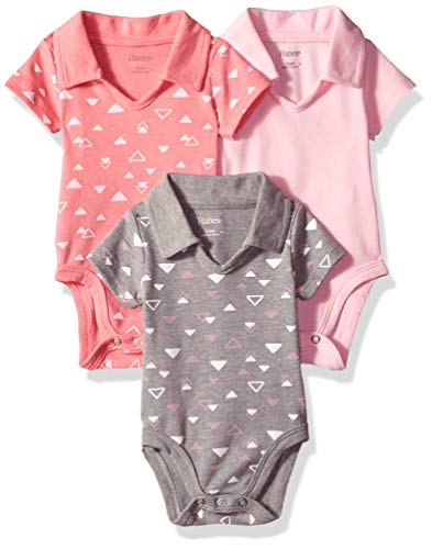 Image of Hanes unisex baby Ultimate Flexy 3 Pack Short Sleeve Polo Bodysuits Bodystocking, Pink/Grey Shapes, 6-12 Months US