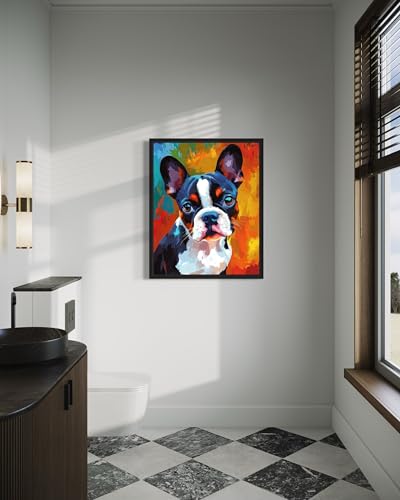 Image of Boston Terrier Colorful Abstract Black Framed Wall Art Print Poster, Dog Pet Lover Picture Painting Artwork Bedroom Living Room Office Dining Room 150D (Boston Terrier Colorful Abstract, 14 inchL x 11 inchW, Black Frame)