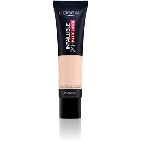 L'Oreal Paris Foundation, Infallible Matte Cover 24hour 25 Rose Ivory, Sweat-proof, Heat-proof, Transfer-proof and Water-proof, SPF 18, 30 ml
