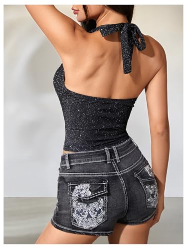 MakeMeChic Women's Sparkly Halter Tops Y2k Backless Deep V Neck Rave Crop Tops2