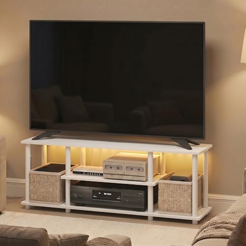 Image of Furinno Turn-N-Tube 3-Tier No Tools TV Stand with LED Lights, White | for TV up to 50 Inch, Open Frame Entertainment Center, TV Console for Living Room, Bedroom