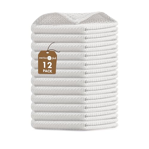 Native Fab Waffle 12 Pack Dish Cloths - 100% Cotton, Soft, Absorbent, Quick Drying, Washable Towels for All Cleaning, Cooking & Baking - Ideal for Home, BBQ, Hotels, Bars - 12x12 Inches - White
