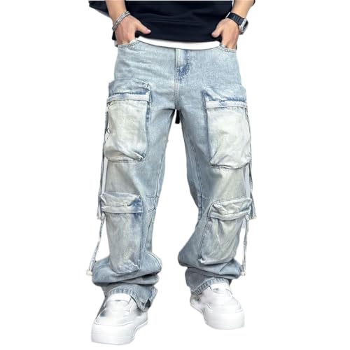 Men’S Hip Hop Oversized Straight Heavy Denim Cargo Pants Button Fly Light Distressed Multi Pocket Stacked Full Length Jeans