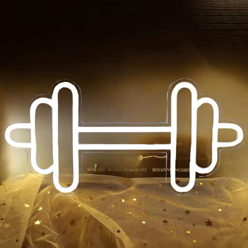 Image of Dumbbell LED Neon Sign for Home Gym Decor - Dimmable White Light for Wall Decor, Sports Workout Room - Men Women Gift - 15.7x7.9IN