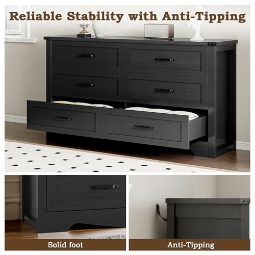 Image of BORNOON 6-Drawer Dresser for Bedroom, Modern Wooden Chest of Drawers with Metal Handles, Anti-Tipping Design, Sturdy and Stable Storage Organizer for Living Room, Entryway, Home Office