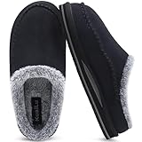 KuaiLu Mens Memory Foam Clog Slippers Comfy Handmade Stitch Microsuede Slip-on House Shoes With Arch Support Warm Faux Fur Lined Rubber Sole Indoor Outdoor Black Size 14