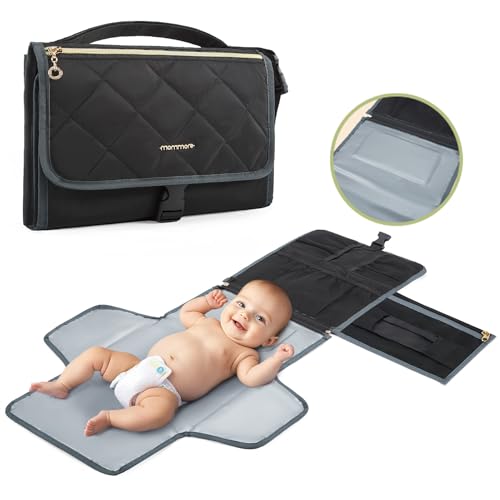 Image of mommore Portable Changing Pad for Baby Newborn Water Resistance Detachable Travel Diaper Changing Mat with Wipes Pockets Padded Pillow Baby Essentials Gifts (Black)