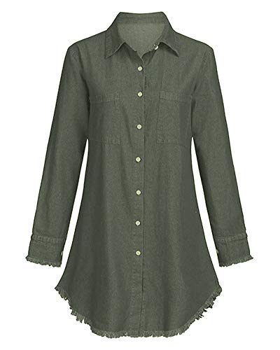 Kedera Women's Denim Shirt Dresses Long Sleeve Distressed Jean Blouse Button Down Casual Tunic Top Green