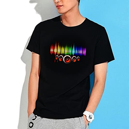 Camisa turquesa para hombre, camiseta de fiesta con luces LED intermitentes, diseño de club de bricolaje, con sonido de alta activación, blusa para hombre, color negro, corte moderno, Negro , L