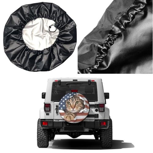 Image of Delerain American Flag Cat Spare Tire Cover for RV Trailer SUV Truck and Many Vehicle, Wheel Covers Sun Protector Waterproof (15 Inch for Diameter 27 inch-29 inch)