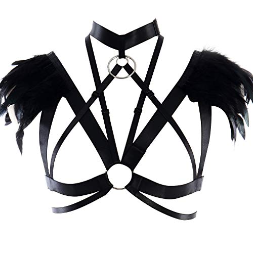 Harnais de corps en plumes pour femmes soutien-gorge sous-vêtements épaulettes ailes de jour des femmes Burning Man Carnaval Costume de danse gothique (noir + argent) Cover