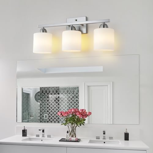 Image of Mecgirn Stainless Steel Milk Glass Vanity Lights for Bathroom, 3 Light Brushed Nickel Bathroom Light Fixtures Over Mirror, Ceramic E26 Sockets Wall Mounted
