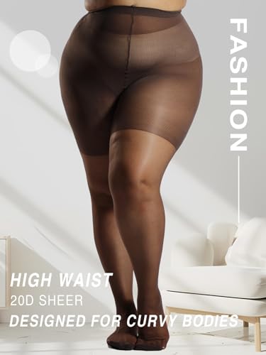 Image of MERYLURE Plus Size Sheer Tights for Women,20D Control Top Pantyhose Reinforced Toes High Waist Stockings 3 Pairs 1XL-6XL